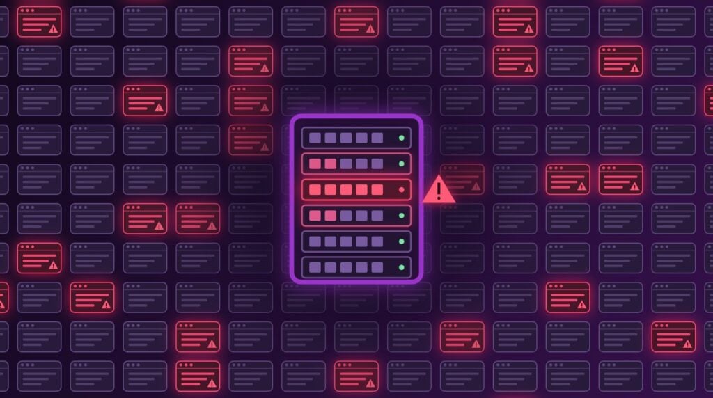 Crowded shared server with one infected website spreading red warnings to its neighbours
