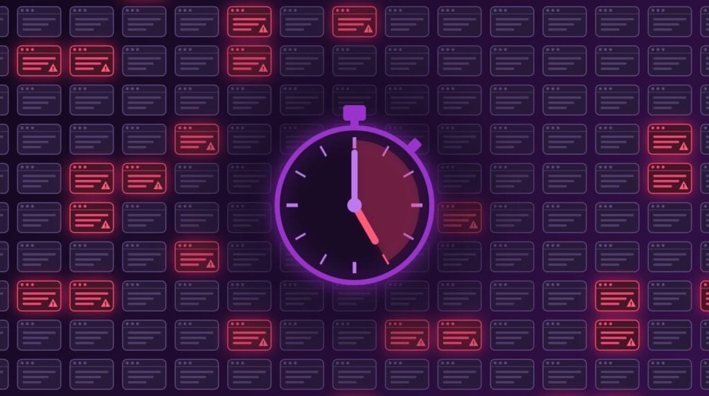 Stopwatch at the centre of a grid of business websites, several flagged red as compromised