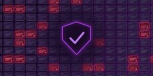 Grid of business websites, several flagged as compromised, with a purple security shield and tick at the centre